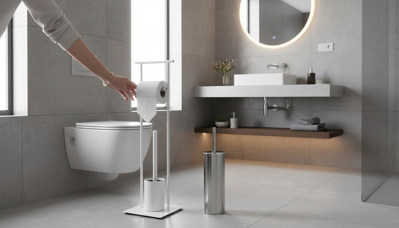 Haku WC-Garnitur freistehend mit Toilettenbürste aus Stahlrohr, weiß-chrom