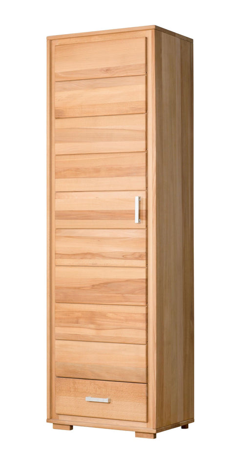 Dielenschrank Genf 1-türig in Kernbuche geölt mit Lamellenfront und Schubfach, Gesamtansicht.