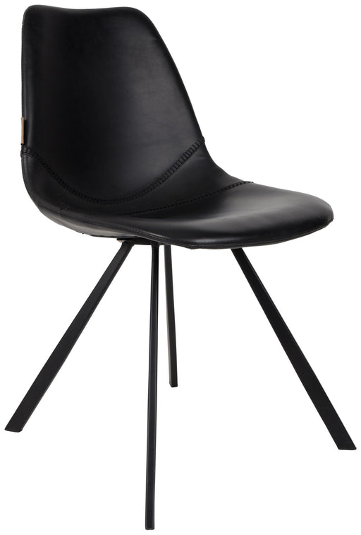 Esszimmerstuhl FRANKY Kunstleder Vintage schwarz mit geschwungener Rückenlehne und schwarzem Metallgestell in Gesamtansicht.