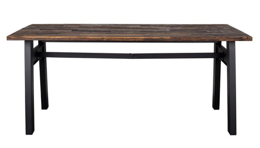 Esstisch CRUDE mit brauner Platte aus alter Ulme und schwarzem Metallgestell in Gesamtansicht.