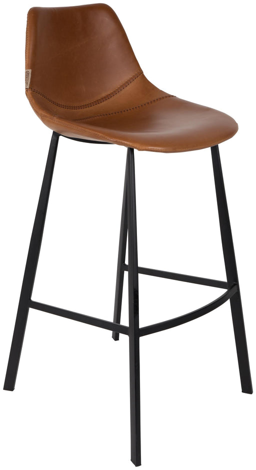 Barhocker FRANKY mit braunem Vintage-Kunstlederbezug und schwarzem Stahlgestell, Gesamtansicht.