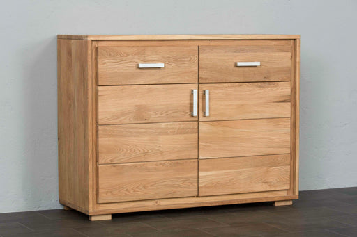 Sideboard Anrichte Basel 2-türig Wildeiche geölt in Gesamtansicht mit zwei Schubladen und zwei Türen.