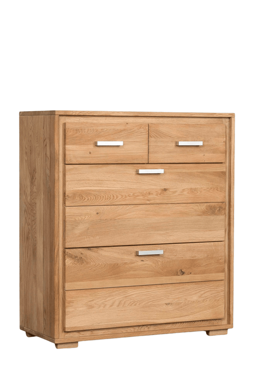 Schuhschrank Schuhkipper Basel 91 cm Wildeiche massiv geölt, Gesamtansicht von vorn mit sechs Schubladen und Metallgriffen.