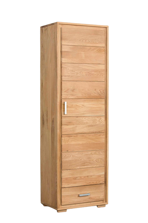 Dielenschrank Basel 1-türig in Wildeiche Massivholz geölt, Gesamtansicht mit horizontalen Holzleisten und Metallgriff.