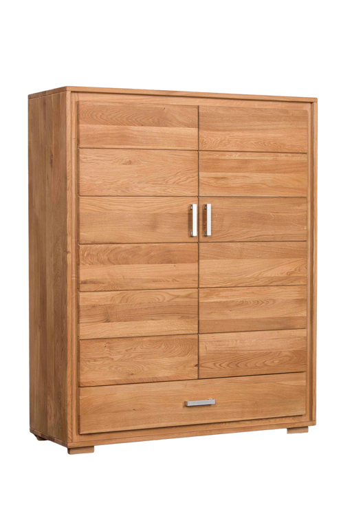 Highboard Vertiko Basel 2-türig Wildeiche Massivholz geölt in Gesamtansicht mit zwei Türen und einer Schublade.