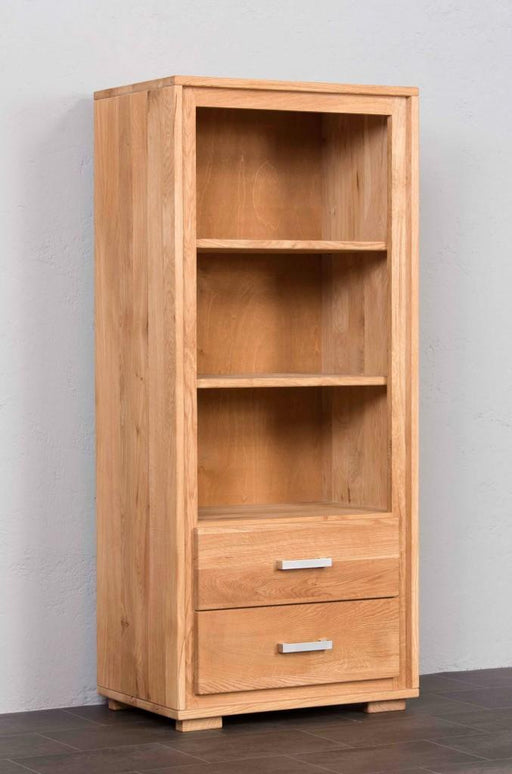 Regal Basel 139 cm aus Wildeiche Massivholz geölt mit offenen Fächern und zwei Schubläden, Gesamtansicht.