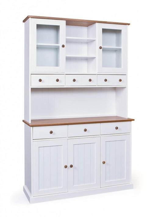 Buffet-Vitrine Westerland 13.2 in Gesamtansicht mit weißem Korpus, Glastüren und braun-nussbaum Arbeitsplatte.