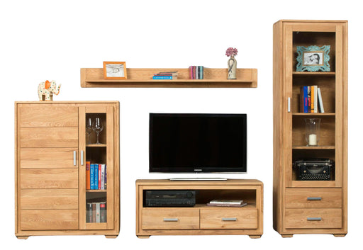 Wohnwand Basel Set IX Wildeiche Massivholz geölt, 4-teilig, Gesamtansicht mit Regal, Sideboard und Lowboard.