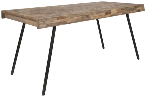 Design Esstisch SURI mit massiver Tischplatte aus recyceltem Teak und schwarzem Metallgestell in Gesamtansicht.