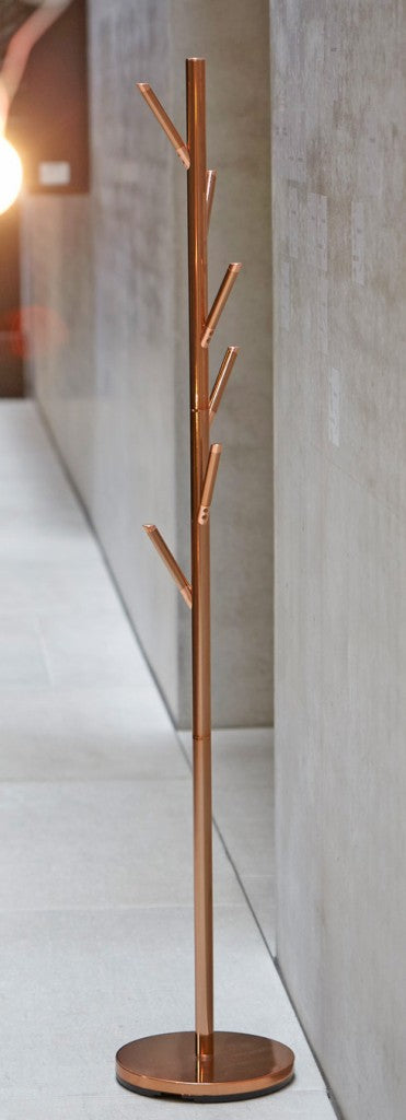 Design Garderobe DETROIT in Kupfer-Optik mit schlankem Standfuß und asymmetrisch angeordneten Ästen, Gesamtansicht.