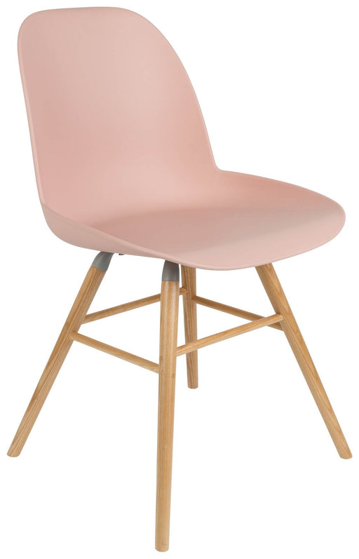 Esszimmerstuhl ALBERT KUIP in Rosa mit geschwungener Kunststoffrückenlehne und Holzgestell, Gesamtansicht.