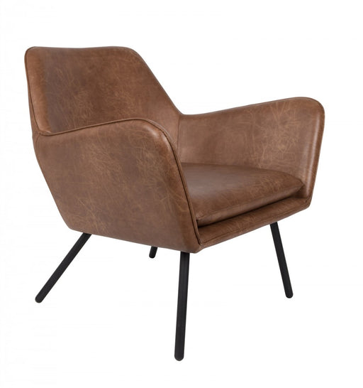 Retro Sessel BON in Vintage Braun mit Kunstlederbezug und schwarzen Beinen, Gesamtansicht von vorne.