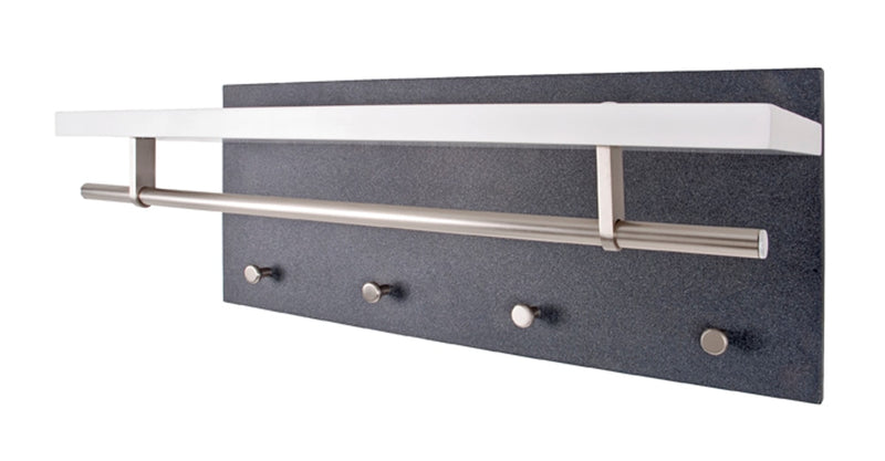 Wandgarderobe Tablo Weiß Hochglanz und Granitoptik mit weißer Ablage, Metallstange und vier Wandhaken in Gesamtansicht.