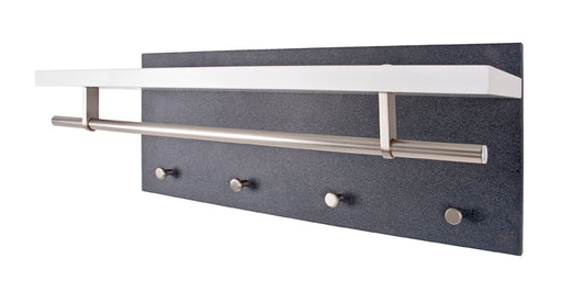 Wandgarderobe Tablo Weiß Hochglanz und Granitoptik mit weißer Ablage, Metallstange und vier Wandhaken in Gesamtansicht.