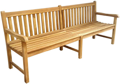 XXL Gartenbank Picadelly 220 cm in Premium Teak, Gesamtansicht von vorne mit vertikalen Rückenlehnen-Latten.