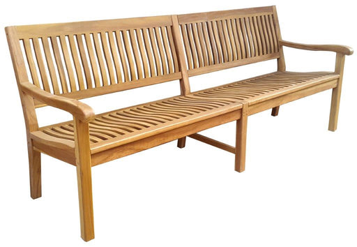 Stabile XXL Gartenbank Kingsbury mit Armlehne 220 cm in Premium Teak, Gesamtansicht von vorne.