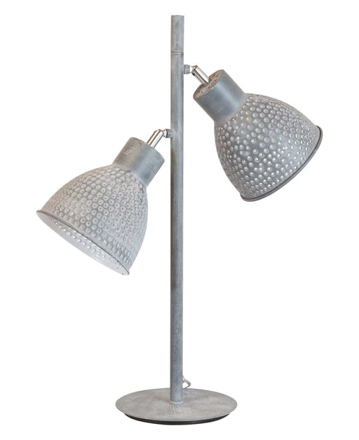 Tischleuchte ZEEF mit zwei perforierten Metallschirmen auf vertikalem Ständer, Gesamtansicht.