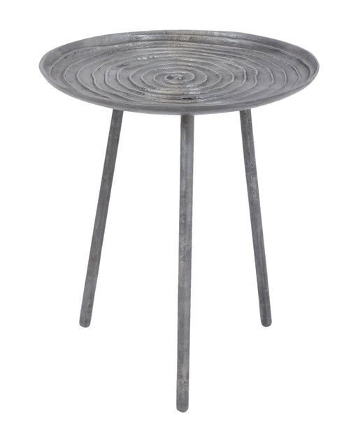 Runder Beistelltisch SPIRAL 45 cm mit strukturierter Metallplatte in Grau und drei geraden Beinen in Gesamtansicht.
