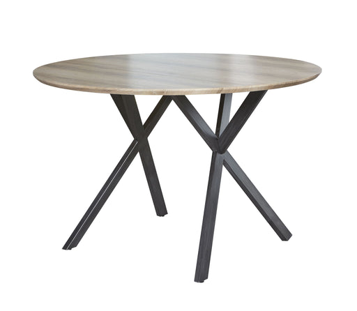 Runder Esstisch HENK 120 cm mit graubeiger Tischplatte und schwarzem X-förmigem Metallgestell in Gesamtansicht.