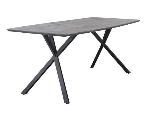 Esstisch HENK 160 x 90 cm mit grauer Betonoptik-Tischplatte und X-förmigen Metallbeinen in Gesamtansicht.