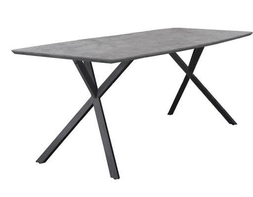 Esstisch HENK 190 x 90 cm mit grauer Betonoptik-Platte und X-förmigem Metallgestell, Gesamtansicht.