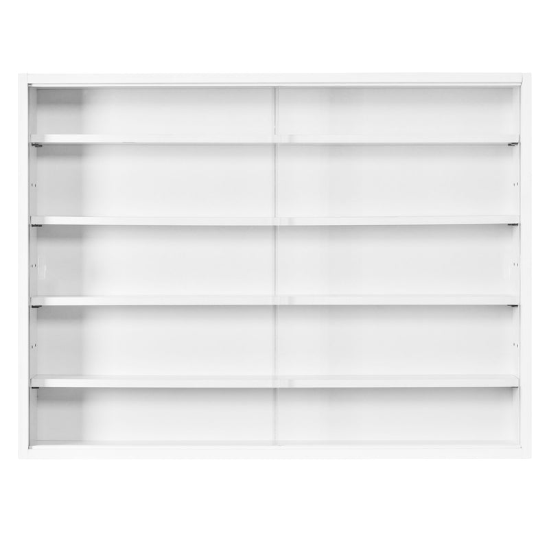 Sammlervitrine COMPILATI Weiß mit fünf horizontalen Fachböden und zweiteiliger Glasschiebetür in Gesamtansicht.