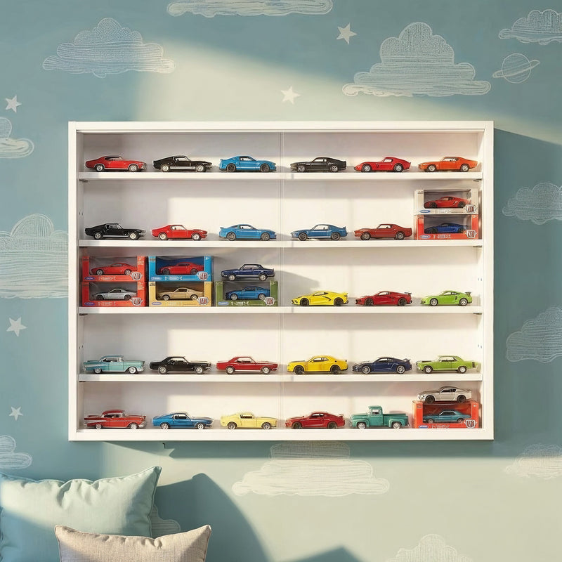 Sammlervitrine COMPILATI Weiß mit Glasschiebetüren, gefüllt mit bunten Modellfahrzeugen auf mehreren Fachböden.