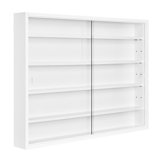 Gesamtansicht der Sammlervitrine COMPILATI Weiß mit fünf Regalboden und Glasschiebetüren.