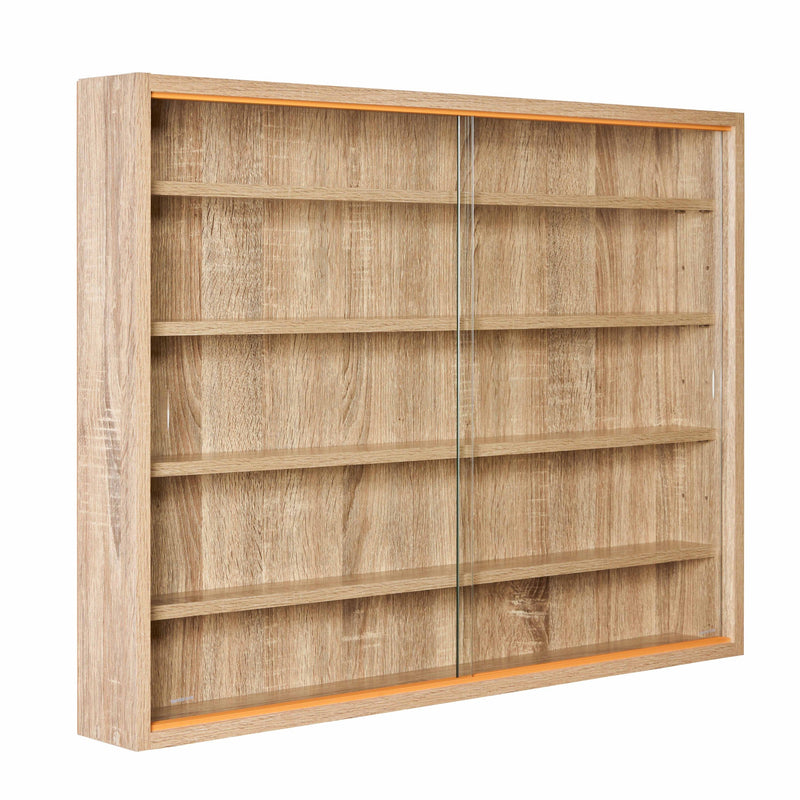 Sammlervitrine Setzkasten COLLECTIONI in Sonoma-Eiche mit Glasschiebetüren und fünf Holzfachböden, Gesamtansicht.