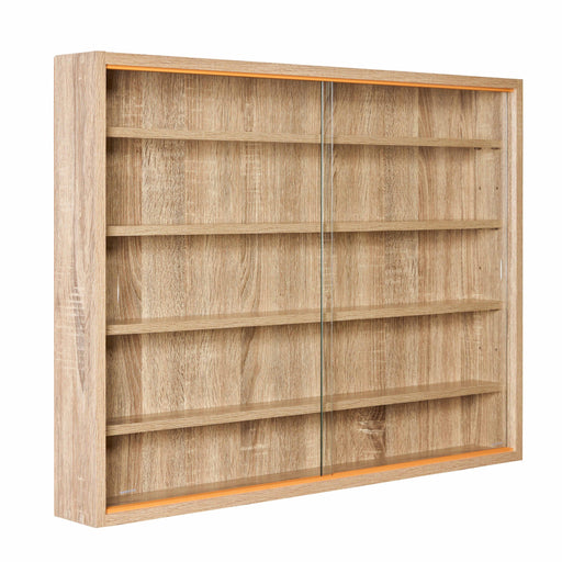 Sammlervitrine Setzkasten COLLECTIONI in Sonoma-Eiche mit Glasschiebetüren und fünf Holzfachböden, Gesamtansicht.