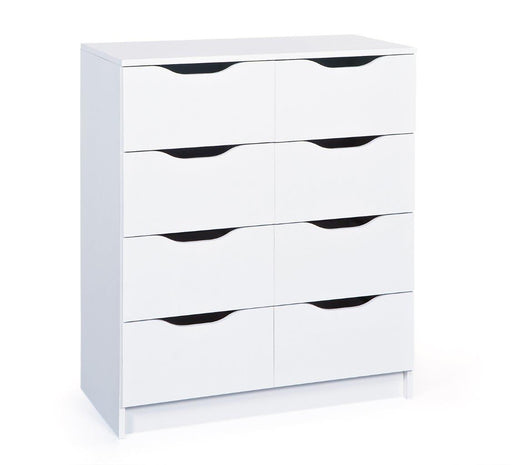 Kommode WESTPHALEN 8-B Weiß mit acht weißen Schubladen und schwarzen Griffmulden, Gesamtansicht von vorne.
