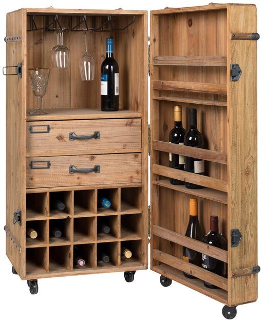Weinschrank Barschrank LICO aus Tannenholz in Natur, aufgeklappt mit Flaschenhaltern und Gläseraufhängung.