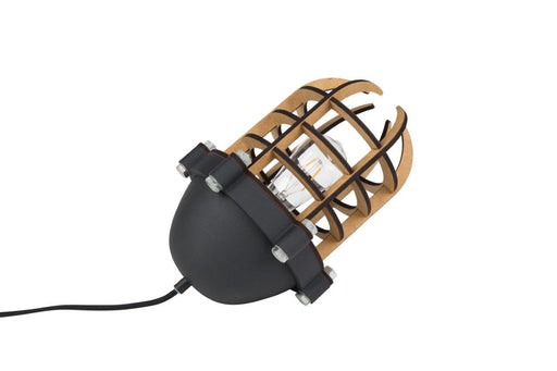 NAVIGATOR BLACK Tischleuchte mit schwarzem Kugelkopf und gitterförmigem Holzschirm in Gesamtansicht.