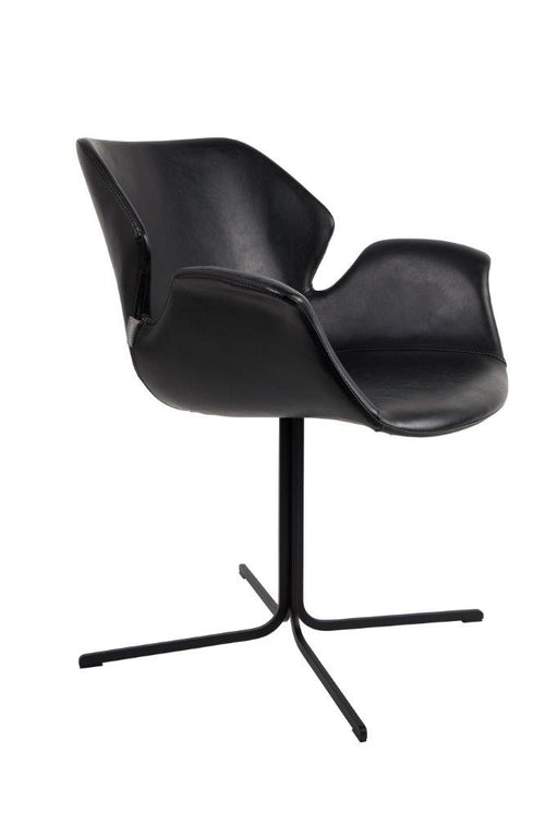 Esszimmerstuhl NIKKI ALL BLACK mit schwarzem Polyuretan-Bezug und Metall-Gestell, Gesamtansicht von der Seite.
