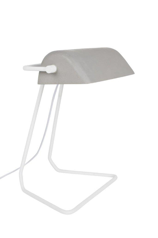 Schreibtischlampe BROKER CONCRETE mit grauem Betonschirm und weißem Metallgestell in Gesamtansicht.