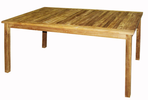 Premium Teak Gartentisch 150 x 80 in Gesamtansicht von vorne mit rechteckiger Tischplatte und massiven Beinen.