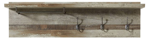 Wandgarderobe Garderobenpaneel BONANZA Driftwood Nachbildung mit Ablage, Metallschiene und drei Haken, Gesamtansicht.
