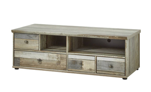 TV Lowboard BONANZA 130 cm in Driftwood Nachbildung mit Schubladen und offenen Fächern, Gesamtansicht.
