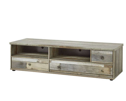 Gesamtansicht des TV Lowboard BONANZA 162 cm in Driftwood Nachbildung mit zwei offenen Fächern und vier Schubladen.