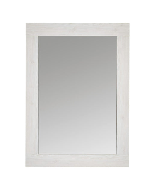 Spiegel ANTWERPEN 65 x 90 cm Lärche weiß Nachbildung in Gesamtansicht mit hellem Holzrahmen und rechteckigem Spiegelglas.