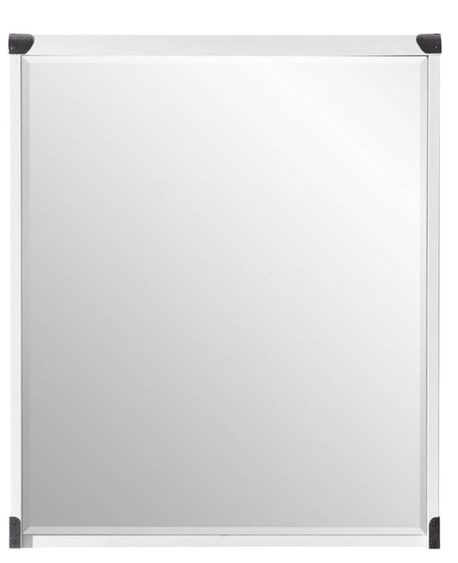 Garderobenspiegel BUDDY 67 x 80 cm Pinie weiß gebürstet in Gesamtansicht mit grauem Metallrahmen und schwarzen Eckbeschlägen.