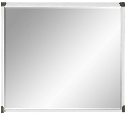 Garderobenspiegel BUDDY 90 x 80 cm Pinie weiß gebürstet mit Metallecken in Frontansicht.