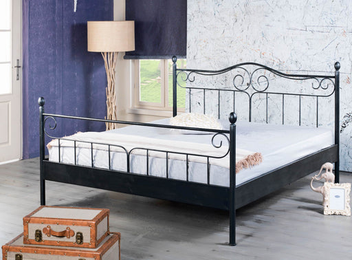 Metallbett VIRGINIA in Schwarz mit geschwungenem Kopfteil und Fußteil in Gesamtansicht von vorne.