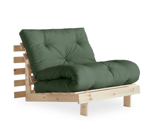 Schlafsofa ROOTS 90 cm mit grünem Baumwoll-Polyester-Bezug und gepolsterter Rückenlehne, Gesamtansicht von vorne.