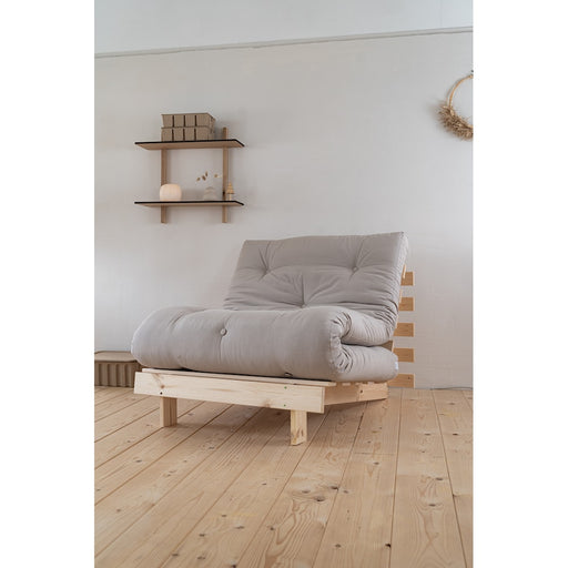 Schlafsofa ROOTS 90 cm mit grauem Baumwoll-Polyester-Bezug auf Kiefer-Massivholzgestell in Gesamtansicht.