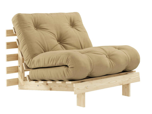 Schlafsofa ROOTS 90 cm mit Kiefer-Holzgestell und beigen Polsterkissen in Gesamtansicht.