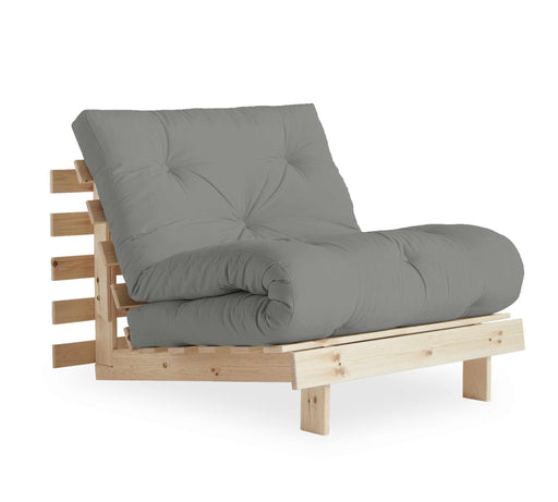 Schlafsofa ROOTS 90 cm mit naturfarbener Kiefer-Holzstruktur und grauem Bezug, Gesamtansicht von schräg vorne.