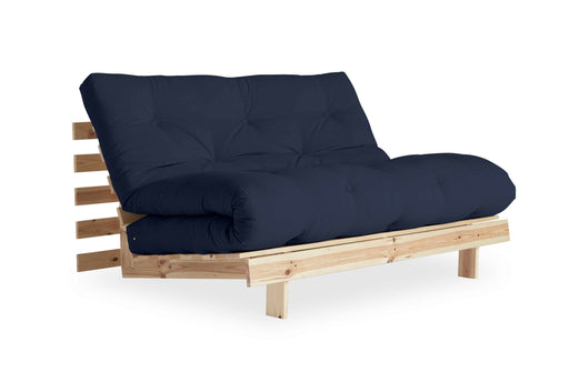 Schlafsofa ROOTS 140 cm mit Kiefer-Holzgestell und dunkelblauem Bezug in Gesamtansicht.