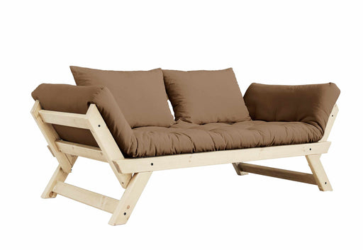 Schlafsofa BEBOP Sofa Kiefer natur lackiert abklappbar von Karup, Gesamtansicht mit ausklappbarem Holzgestell.