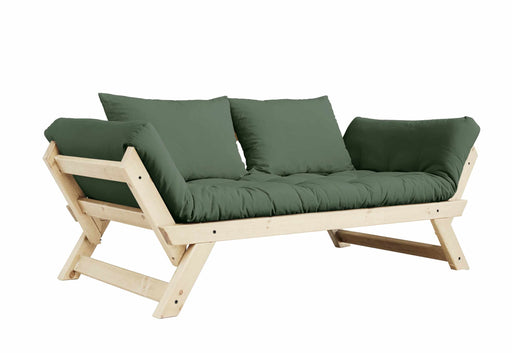 Schlafsofa BEBOP Sofa mit Kiefer-Gestell in Naturholz und grünem Polster, Gesamtansicht von vorne.